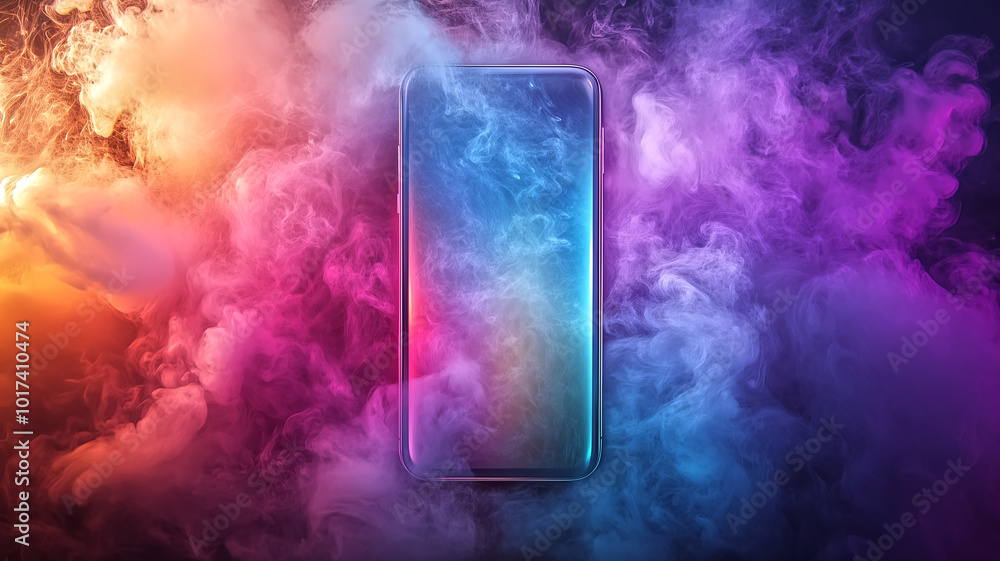 Poster vibrant smartphone surrounded by colorful smoke creates captivating visual effect. blend of colors a