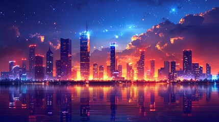Metropolitan Skyline: Expansive view of a city skyline with towering skyscrapers and glowing lights ideal for urban themes business presentations and city-related projects. High resolution