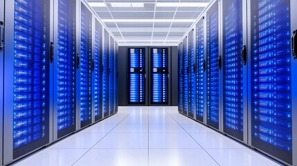 Fototapeta premium A modern data center with rows of servers illuminated by blue lights. 