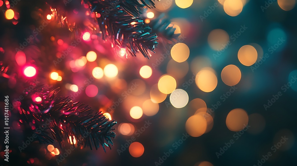Poster a festive close-up of colorful lights shimmering against a dark backdrop, creating a warm, cheerful 