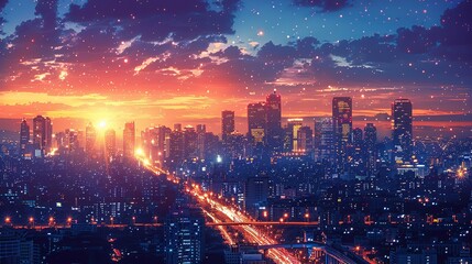 Fototapeta premium City at Dusk: A stunning view of a city skyline at dusk with illuminated buildings and busy streets ideal for themes related to city life and urban environments. High resolution Illustration, in the