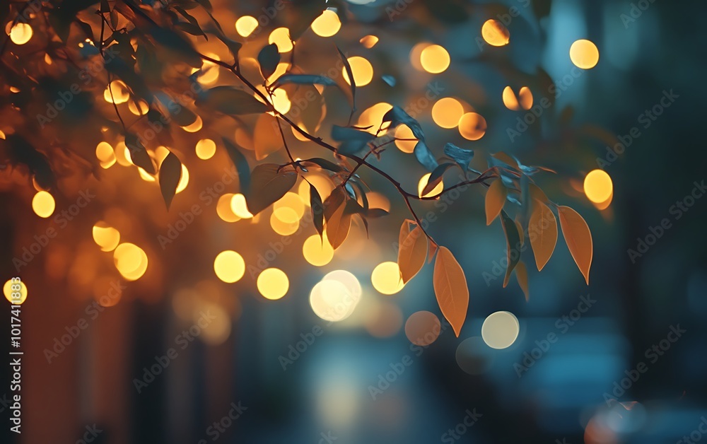 Poster A soft-focus image featuring illuminated leaves against a blurred background, creating an enchanting, warm atmosphere with glowing bokeh effects.