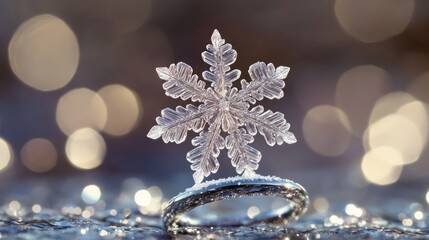 A snowflake balanced on the edge of a silver ring, glistening with tiny water droplets as it starts to melt. The background captures the gentle, cold atmosphere of a winter day.