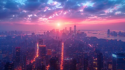 Fototapeta premium City at Twilight: A stunning view of a city skyline at twilight with illuminated buildings and busy streets perfect for themes related to urban living and city environments. High resolution