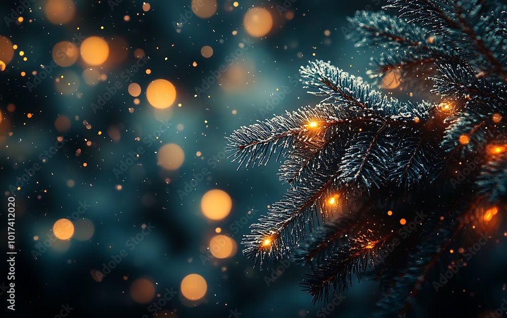 Aufkleber a serene winter scene featuring a frosted pine branch adorned with glowing lights and softly falling