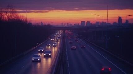 Fototapeta premium Evening Traffic on a Highway at Sunset