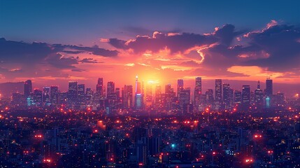 Obraz premium Evening Urban View: A beautiful cityscape at evening with glowing lights and contemporary architecture capturing the transition from day to night in a bustling urban area. High resolution