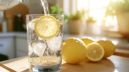 A slow-motion capture of sparkling water being poured into a glass filled with ice and a lemon slice, set against a sunny kitchen backdrop.