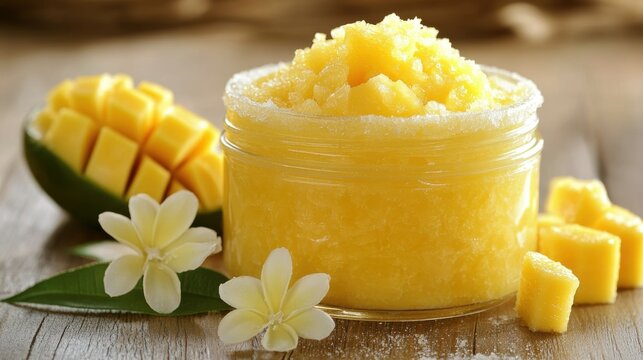 A refreshing jar of mango scrub cream, artistically displayed with exfoliating granules and mango fruit, promoting a skincare routine for brighter, healthier skin