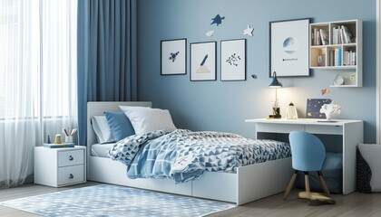 A minimalistic sky blue boys' room with a platform bed, shelves, desk, and colorful storage 1. Generative AI