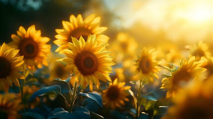 Fototapeta premium Sunflowers in a Field at Sunset - Realistic Image