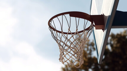 Basketball hoop with net against clear sky, showcasing sports essence and outdoor playfulness. Perfect for sports enthusiasts and basketball lovers