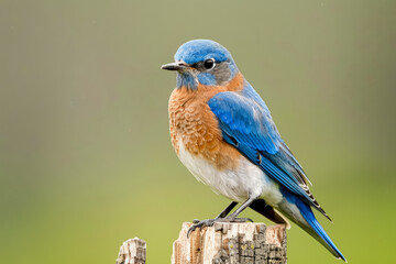 Blue and white bird is perched on a wooden post