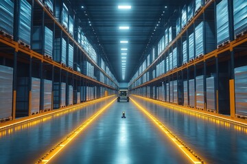 An empty warehouse with a forklift in the center, lit by yellow lights.