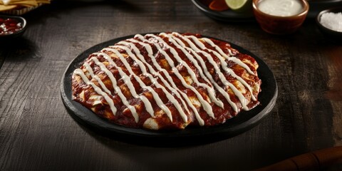 a pizza with cheese and sauce on a black plate