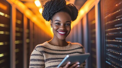 Smiling woman using tablet in a server room, digital technology concept.