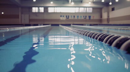 Obraz premium serene indoor swimming pool with clear blue water and lane dividers, creating calm and inviting atmosphere for swimmers. lighting enhances tranquil setting, perfect for relaxation or training