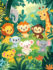 A group of cute cartoon animals playing in the jungle, including lions, giraffes, elephants, and koalas