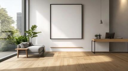 A sleek living room with light oak wooden flooring, a modern workspace desk, and a large frame mockup hanging on the wall. Contemporary and simple.