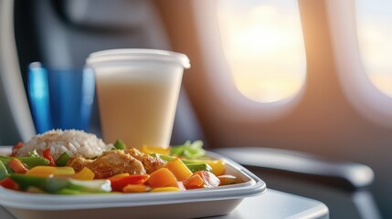An appetizing in-flight meal presented with rice, vegetables, and a hot entree, backlit by the soft glow of the planes window.