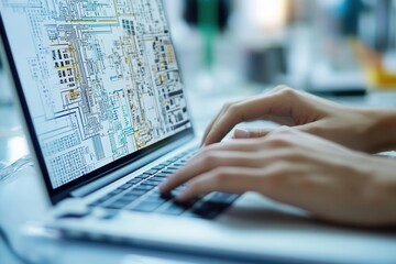 Hands typing notes on a laptop with engineering schematics on display, focus on the work, no faces visible