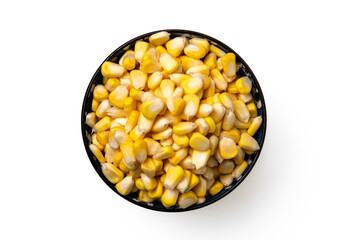 pile of corn kernel in a white bowl, isolated on a white background