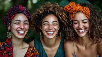 Obraz premium Three joyful women laughing outdoors with vibrant head wraps.