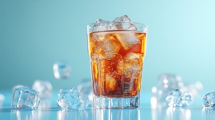 A glass of cola with ice cubes on a blue background.