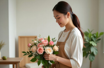 young asian florist girl with a bouquet of beautiful roses