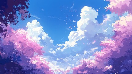 Fototapeta premium Vibrant clouds and pink trees under a bright blue sky, peaceful and serene atmosphere.