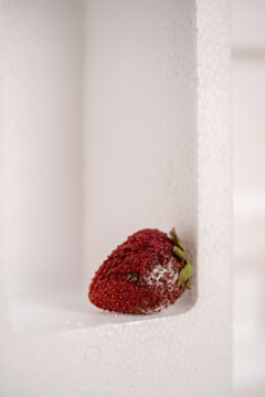 fresa con hongo reposando sobre unicel blanco