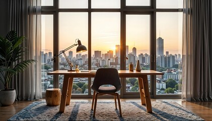 Fototapeta premium A minimalist home office with a sleek wooden desk, a simple chair, and a large window providing a bright and peaceful workspace