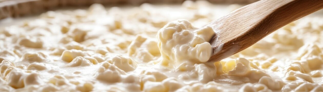 Stirring whey and curds with a long wooden paddle, stirring curds and whey, classic cheese technique