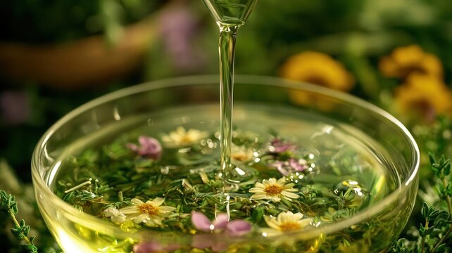 Close-up of herbal infusion being mixed into a skincare solution, herbal infusion in cosmetics, biological beauty ingredients