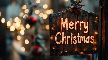 Wooden sign with "Merry Christmas" carved and filled with twinkling fairy lights.