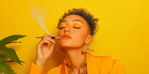 Fototapeta premium Modern Youth Vaping in Vibrant Yellow Setting Contemporary Fashion and Vivid Aesthetics