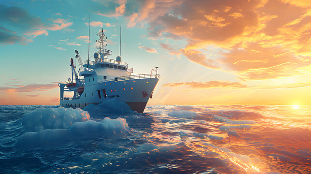 A large research vessel conducting a seismic survey in deep ocean waters, releasing sound waves to map underwater oil reserves, with bright equipment and a dynamic seascape