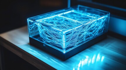 Fototapeta premium Glowing cables in transparent box on wooden surface in dimly lit room