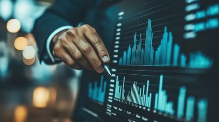 An executive skillfully presents a financial graph in a negotiation meeting, showcasing their strategy with clarity.