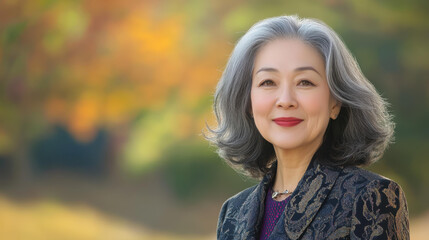 Fototapeta premium Graceful senior woman in chic outfit exudes confidence, set against a softly blurred backdrop for a modern look.