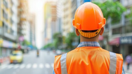 A construction worker clad in an orange helmet and reflective jacket stands in front of a blurred city backdrop, symbolizing urban progress.