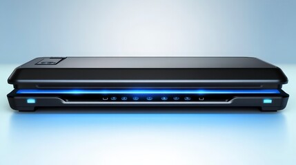 Sleek black scanner with futuristic design on a white surface