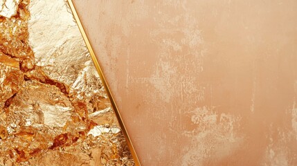 Minimalist side shot of a gold-leaf embellished mirror framed against a neutral-toned backdrop with ample space for text