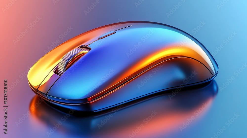 Poster sleek wireless computer mouse with vibrant curved design on reflective surface