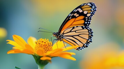 Fototapeta premium Close-up of a butterfly resting on a bright yellow flower with its wings fully spread