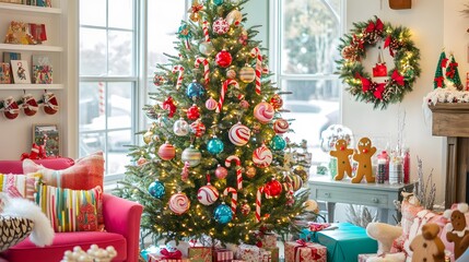 A Christmas Tree Decorated with Candy Canes, Ornaments, and Lights in a Living Room