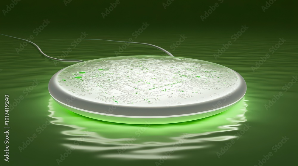 Poster glowing circular device floats on water with intricate circuit design