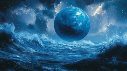 A blue planet hangs in the sky above a stormy sea.