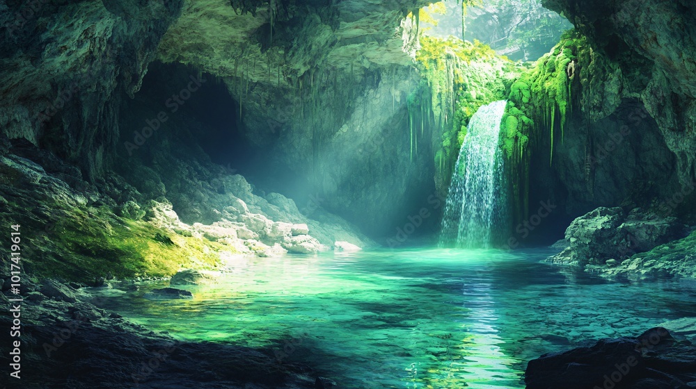 Poster lush greenery and a waterfall cascade into a tranquil pool within a cave.