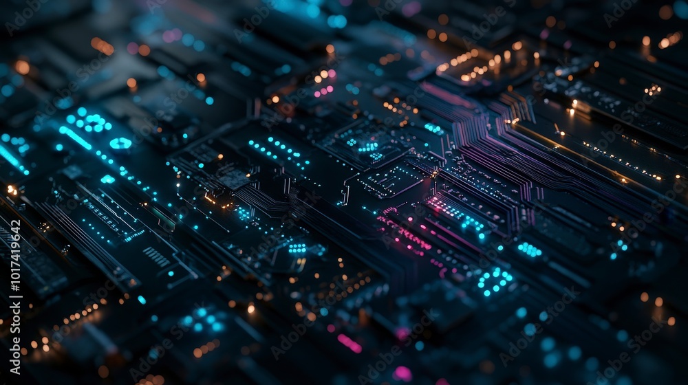 Aufkleber futuristic circuit board with glowing lights and intricate patterns in focus